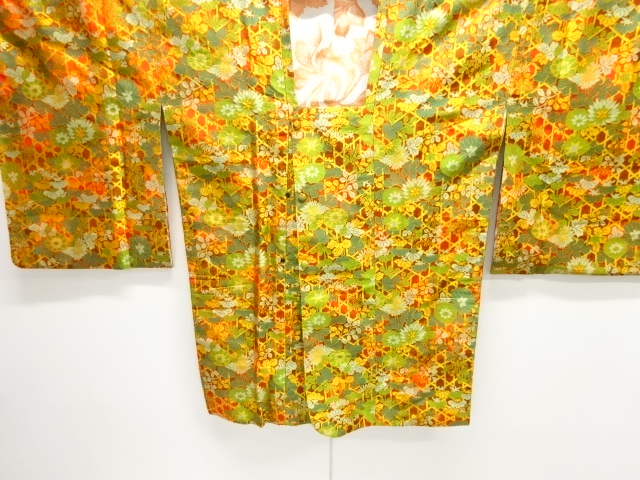 菊に萩・松模様織り出しお召ロング道行コート